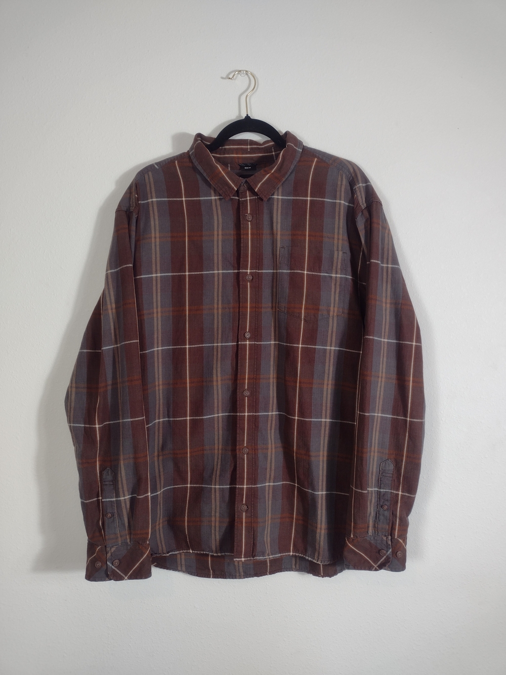 Prana Plaid Los Feliz Flannel Button Down Long Sleeve Shirt Brown Gray Men's XL